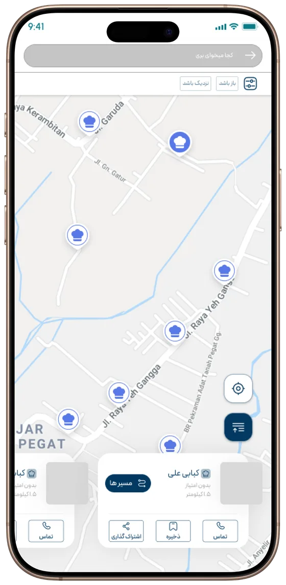 نقشه بازار با موقعیت حجره‌ها در اپلیکیشن راسته